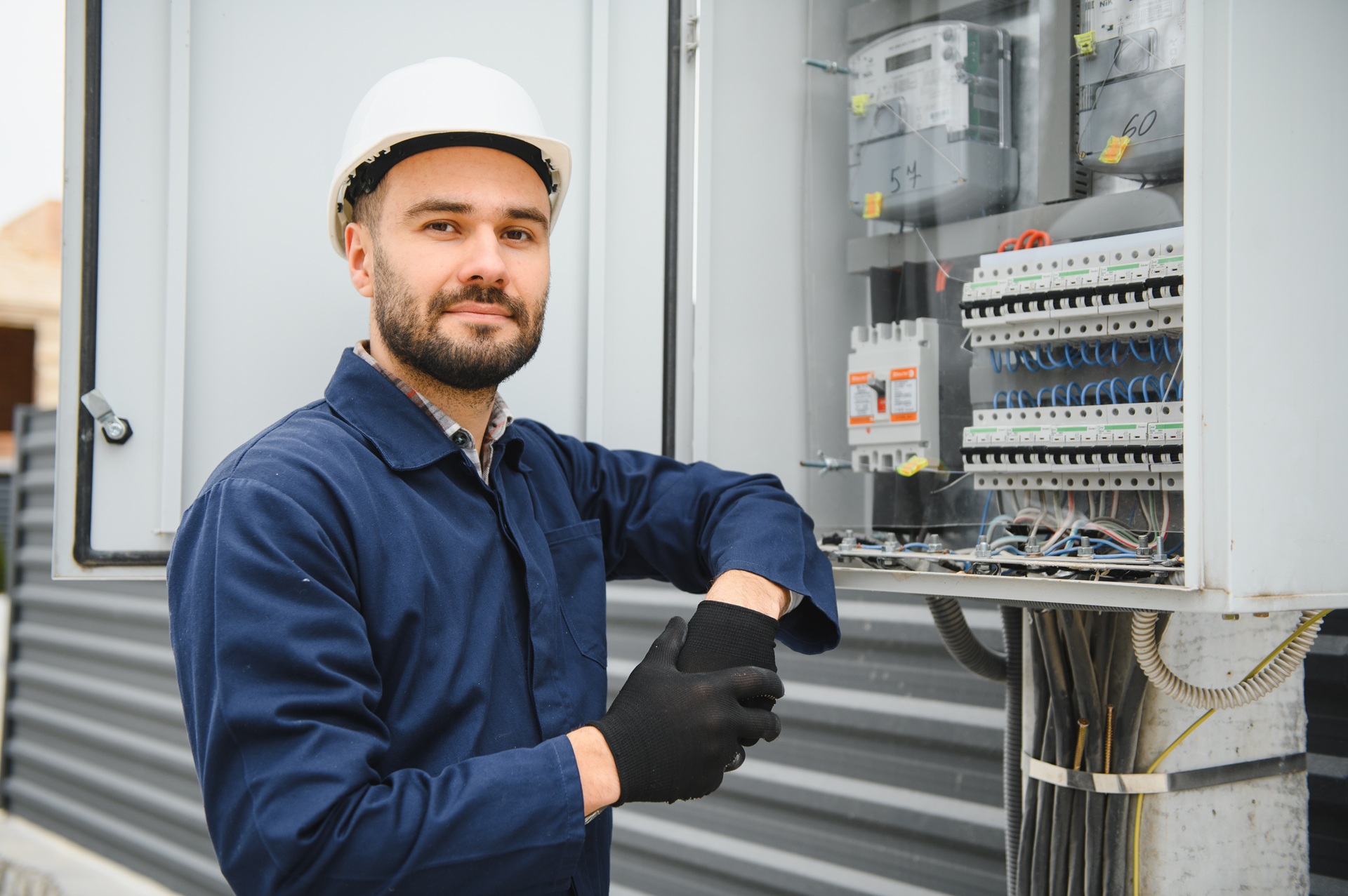 Techniker an offenem Schaltschrank outdoor | elektronischer Druckschalter